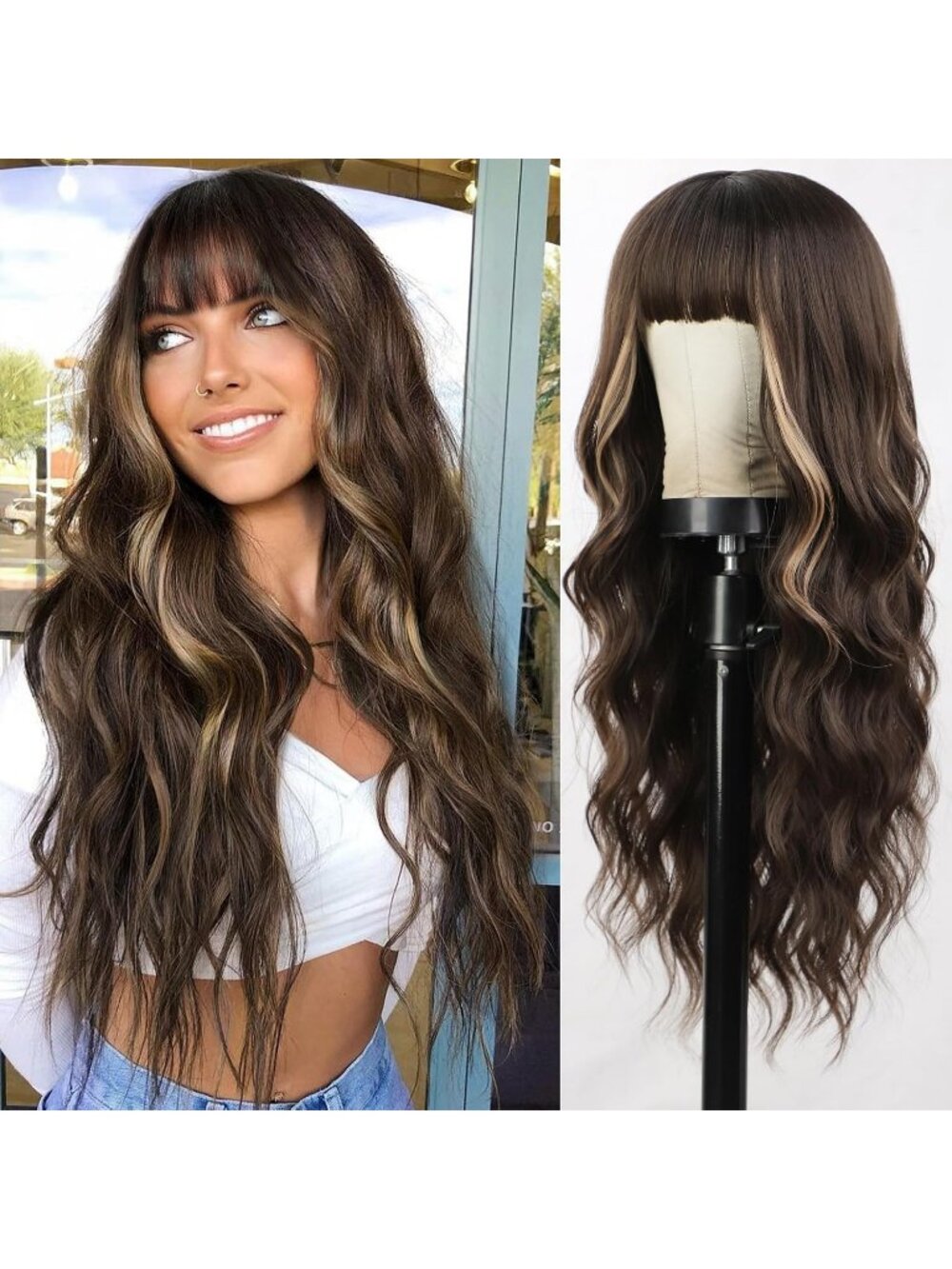 Women's Fashion Brown Soft Long Natural Looking Wavy Curly Wig with Bangs